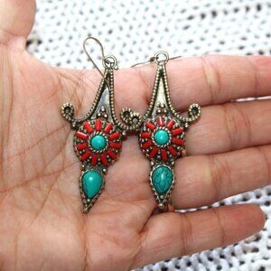 Sterling Silver 925 Turquoise and Coral Stones Handmade Earrings 16.2 oz heavy